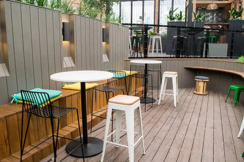 Carlita Table Base With Melamine Table Tops And Jett And Titus Stools At The Gully Public House & Garden