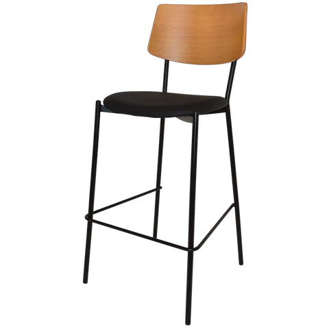 Venice Bar Stool With Black Frame And Black Vinyl Seat And Light Oak Backrest, Viewed From Angle In Front