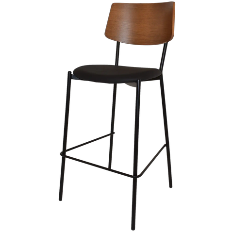 Venice Bar Stool With Black Frame And Black Vinyl Seat With Light Walnut Backrest, Viewed From Angle In Front