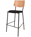 Venice Bar Stool With Black Frame And Black Vinyl Seat With Natural Back, Viewed From Angle In Front