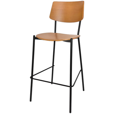 Venice Bar Stool With Black Frame And Light Oak Seat And Backrest, Viewed From Angle In Front