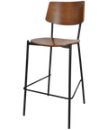 Venice Bar Stool With Black Frame And Light Walnut Seat And Backrest, Viewed From Angle In Front