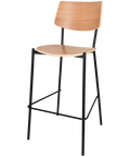 Venice Bar Stool With Black Frame And Natural Seat And Backrest, Viewed From Angle In Front