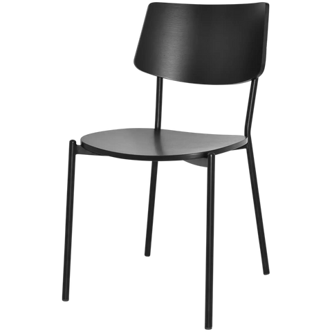 Venice Chair With Black Frame And Black Timber Seat And Backrest, Viewed From Angle In Front