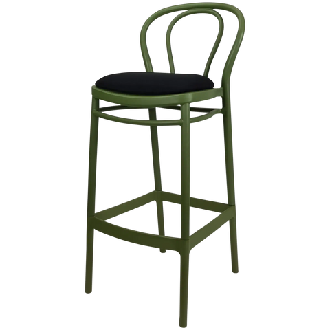 Victor Bar Stool By Siesta In Olive Green With Black Seat Pad, Viewed From Angle