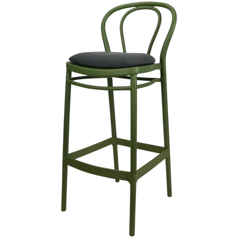 Victor Bar Stool By Siesta In Olive Green With Taupe Seat Pad, Viewed From Angle
