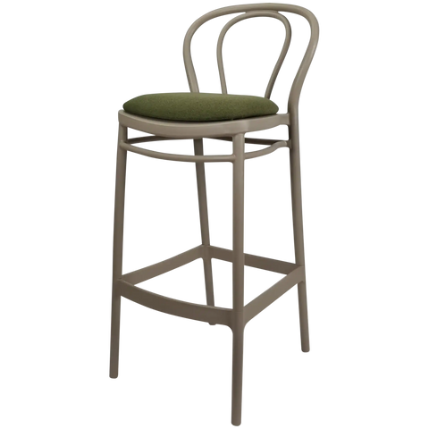 Victor Bar Stool By Siesta In Taupe With Olive Green Seat Pad, Viewed From Angle