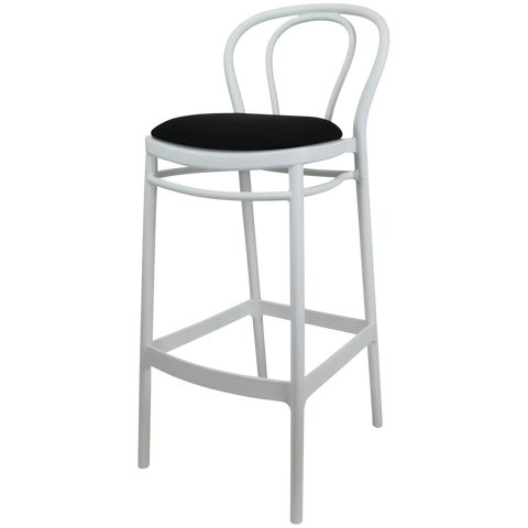 Victor Bar Stool By Siesta In White With Black Vinyl Seat Pad, Viewed From Angle