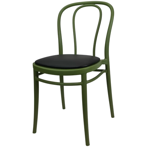 Victor Chair By Siesta In Olive Green With Black Vinyl Seat Pad, Viewed From Angle
