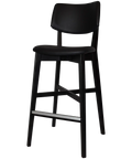 Vinnix Bar Stool With Black Timber Frame And Black Vinyl Upholstered Seat And Back, Viewed From Angle In Front