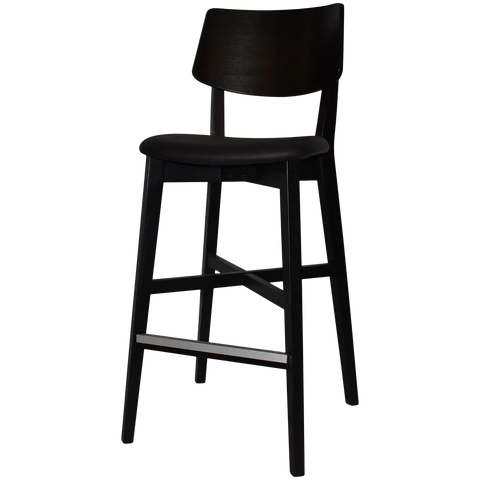 Vinnix Bar Stool With Black Timber Frame And Black Vinyl Upholstered Seat, Viewed From Angle In Front