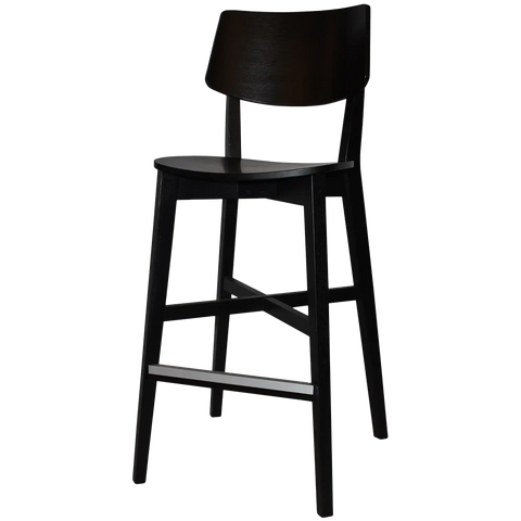 Vinnix Bar Stool With Black Timber Frame And Veneer Seat, Viewed From Angle In Front