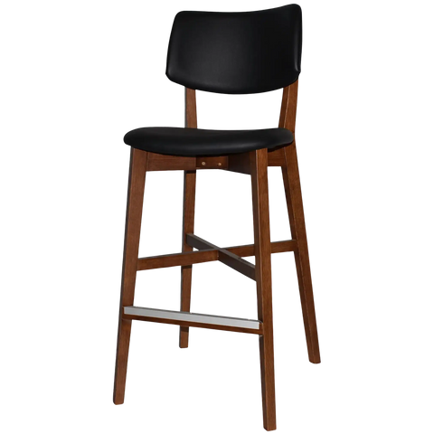 Vinnix Bar Stool With Light Walnut Frame And A Black Vinyl Seat And Backrest, Viewed From Front Angle