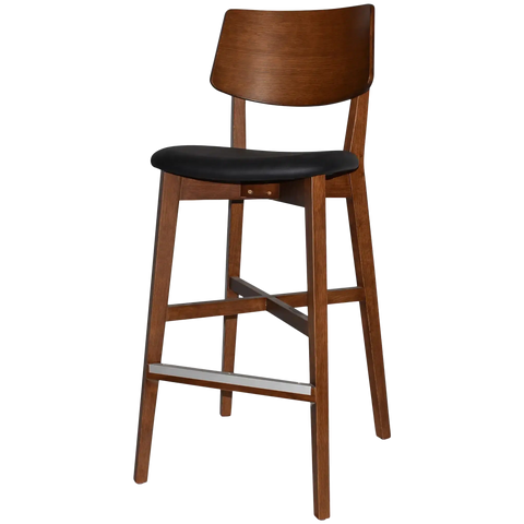 Vinnix Bar Stool With Light Walnut Timber Frame And Black Vinyl Upholstered Seat, Viewed From Angle In Front