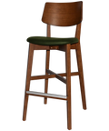 Vinnix Bar Stool With Light Walnut Timber Frame And Custom Upholstered Seat, Viewed From Angle In Front