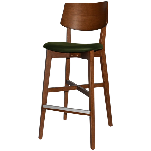 Vinnix Bar Stool With Light Walnut Timber Frame And Custom Upholstered Seat, Viewed From Angle In Front