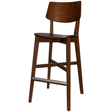 Vinnix Bar Stool With Light Walnut Timber Frame And Veneer Seat, Viewed From Angle In Front