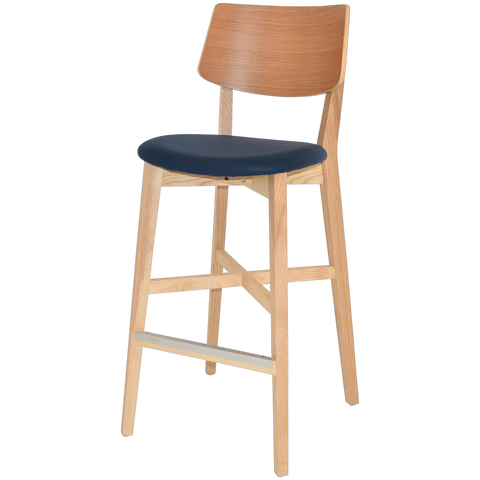 Vinnix Bar Stool With Natural Timber Frame And Custom Upholstered Seat, Viewed From Angle In Front