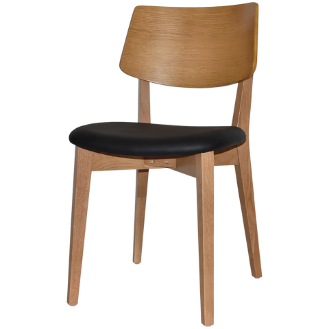 Vinnix Chair With Light Oak Timber Frame And Black Vinyl Upholstered Seat, Viewed From Angle In Front