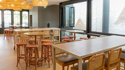Carlita Copper Table Bases With Melamine Table Tops And Bentwood Stools And Sienna Bar Stools With Custom Tiled Tables On Castors At Moseley Bar Kitchen