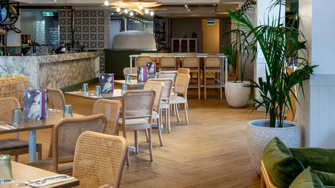 Filip Table Base With Prime Oak Melamine Table Tops And Sienna Chairs With Custom Tiled Tables And Sienna Bar Stools At The Moseley Bar Kitchen