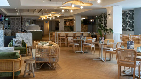 White Filip Table Base And Melamine Table Tops With Sienna Side Chairs At The Moseley Bar Kitchen