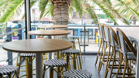 Jasmine Stools And Bar Stools With Melamine Table Tops And Carlton Cast Iorn Table Base Upstairs Balcony At Moseley Bar Kitchen