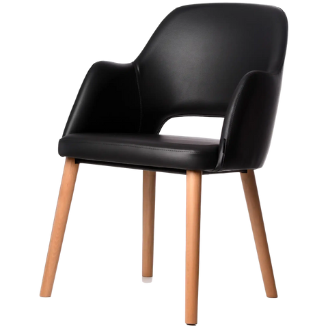 Alfi Armchair With Black Vinyl Shell And Trojan Oak Timber Legs, Viewed From Angle In Front