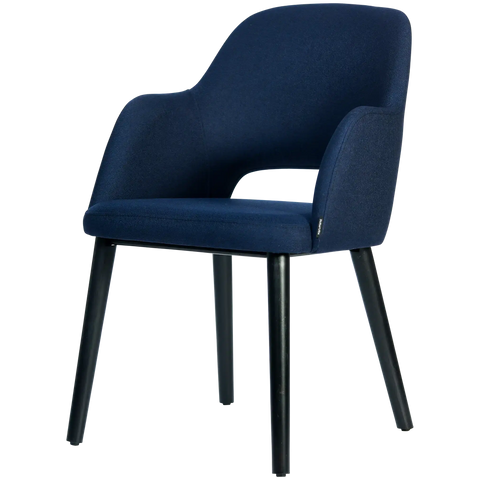 Alfi Armchair With Navy Woven Shell And Black Timber Legs, Viewed From Angle In Front