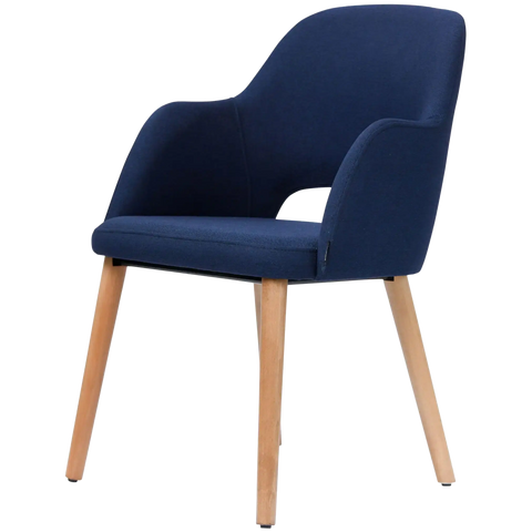 Alfi Armchair With Navy Woven Shell And Trojan Oak Timber Legs, Viewed From Angle In Front