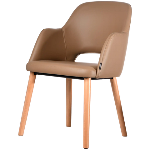 Alfi Armchair With Taupe Vinyl Shell And Trojan Oak Timber Legs, Viewed From Angle In Front
