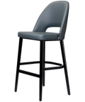 Alfi Bar Stool With Anthracite Vinyl Shell And Black Timber Legs, Viewed From Angle In Front