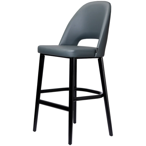 Alfi Bar Stool With Anthracite Vinyl Shell And Black Timber Legs, Viewed From Angle In Front