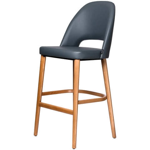 Alfi Bar Stool With Anthracite Vinyl Shell And Trojan Oak Timber Legs, Viewed From Angle In Front