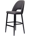 Alfi Bar Stool With Anthracite Woven Shell And Black Timber Legs, Viewed From Angle In Front