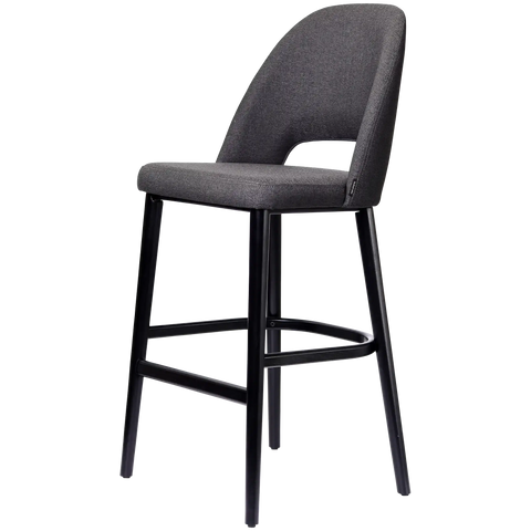 Alfi Bar Stool With Anthracite Woven Shell And Black Timber Legs, Viewed From Angle In Front