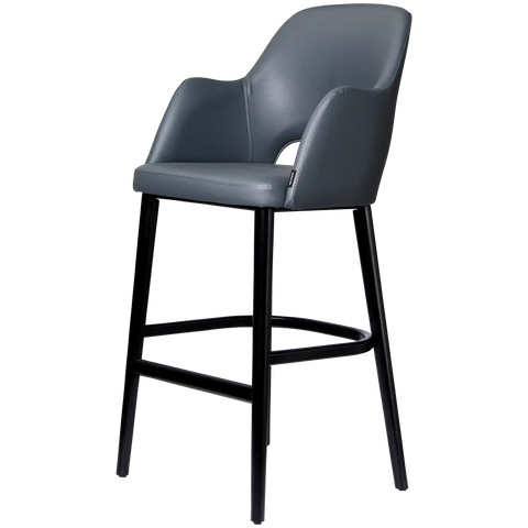 Alfi Bar Stool With Arms With Anthracite Vinyl Shell And Black Timber Legs, Viewed From Angle In Front