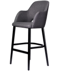 Alfi Bar Stool With Arms With Anthracite Woven Shell And Black Timber Legs, Viewed From Angle In Front