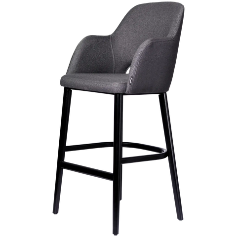 Alfi Bar Stool With Arms With Anthracite Woven Shell And Black Timber Legs, Viewed From Angle In Front