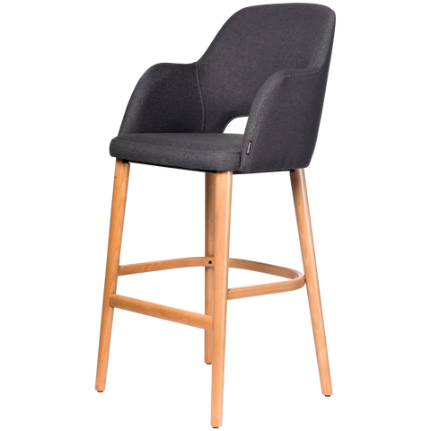 Alfi Bar Stool With Arms With Anthracite Woven Shell And Trojan Oak Timber Legs, Viewed From Angle In Front