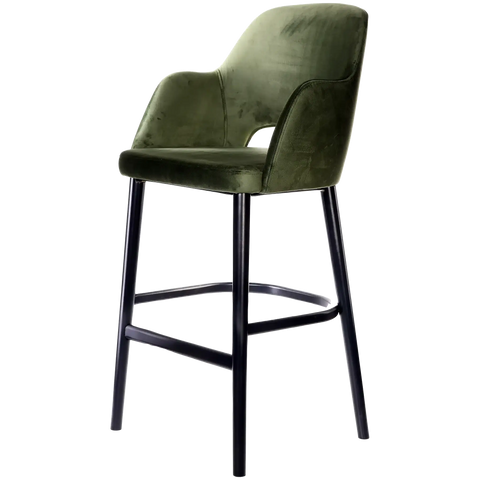 Alfi Bar Stool With Arms With Avocado Velvet Shell And Black Timber Legs, Viewed From Angle In Front