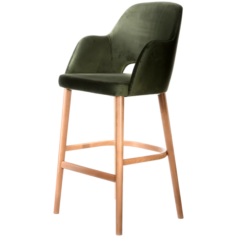 Alfi Bar Stool With Arms With Avocado Velvet Shell And Trojan Oak Timber Legs, Viewed From Angle In Front