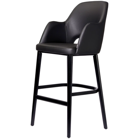 Alfi Bar Stool With Arms With Black Vinyl Shell And Black Timber Legs, Viewed From Angle In Front