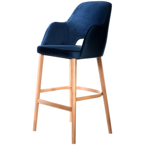 Alfi Bar Stool With Arms With Denim Velvet Shell And Trojan Oak Timber Legs, Viewed From Angle In Front