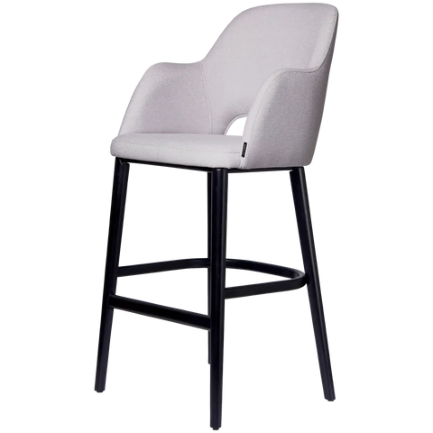 Alfi Bar Stool With Arms With Light Grey Woven Shell And Black Timber Legs, Viewed From Angle In Front