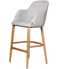 Alfi Bar Stool With Arms With Light Grey Woven Shell And Trojan Oak Timber Legs, Viewed From Angle In Front