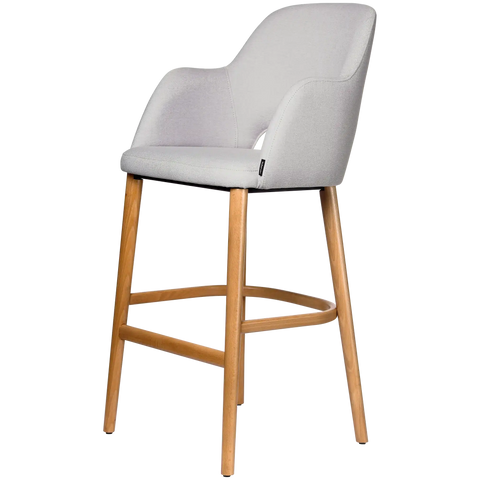 Alfi Bar Stool With Arms With Light Grey Woven Shell And Trojan Oak Timber Legs, Viewed From Angle In Front