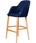 Alfi Bar Stool With Arms With Navy Woven Shell And Trojan Oak Timber Legs, Viewed From Angle In Front