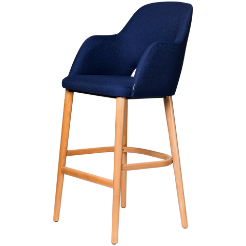 Alfi Bar Stool With Arms With Navy Woven Shell And Trojan Oak Timber Legs, Viewed From Angle In Front