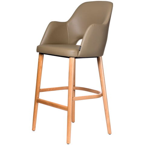 Alfi Bar Stool With Arms With Taupe Vinyl Shell And Trojan Oak Timber Legs, Viewed From Angle In Front